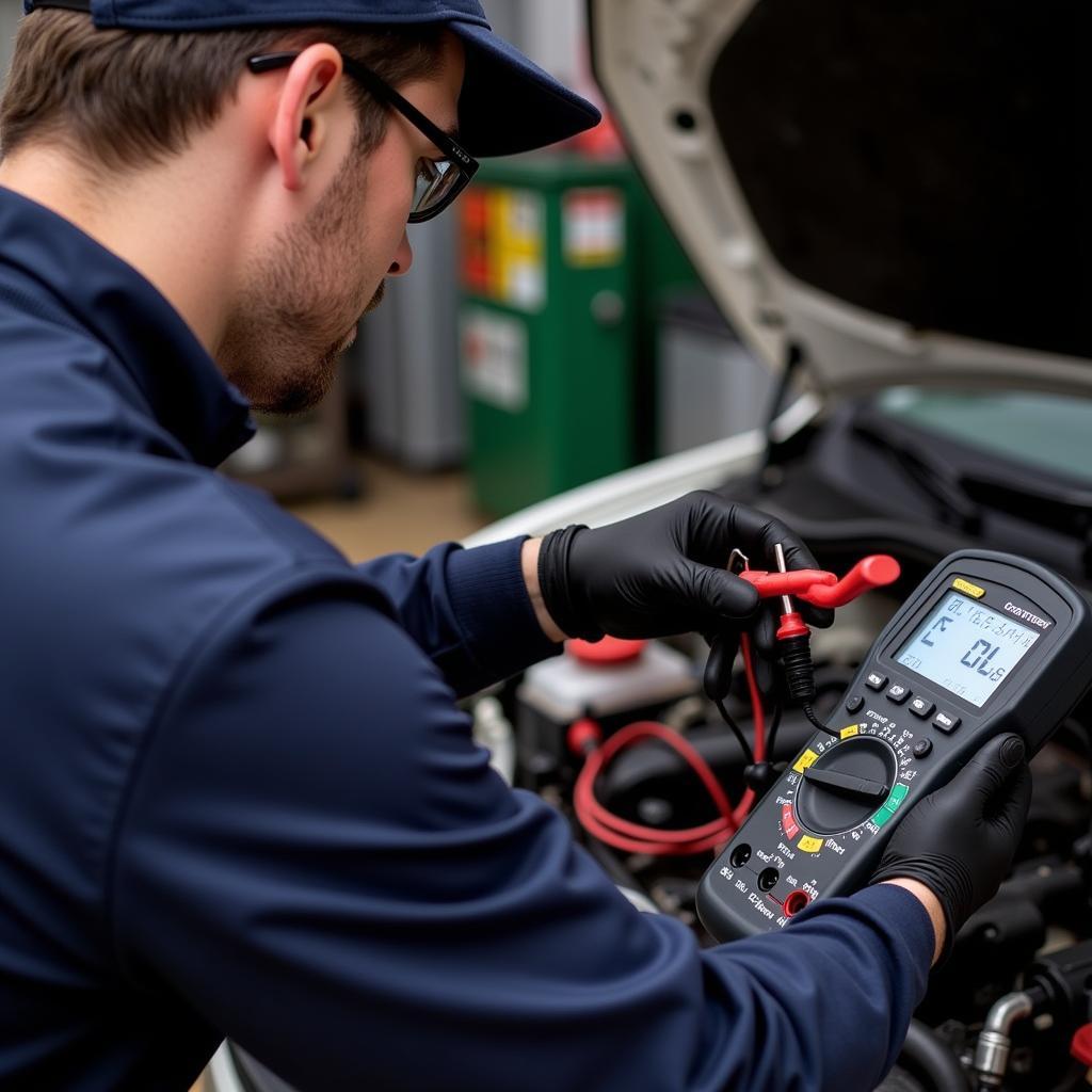 Mechanic Testing Car Battery with Multimeter