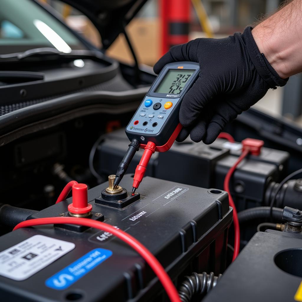 Mechanic Testing Car Battery with Multimeter