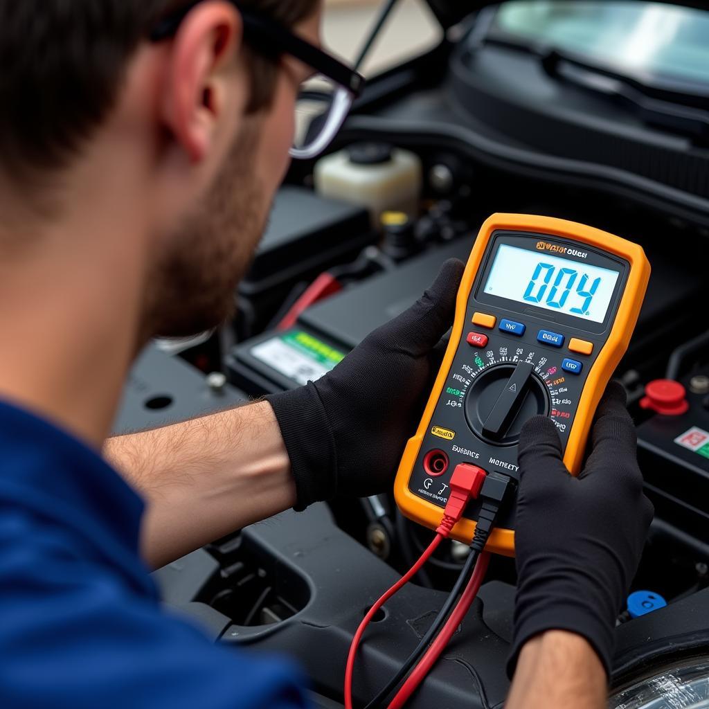 Mechanic Testing Car Battery with Multimeter