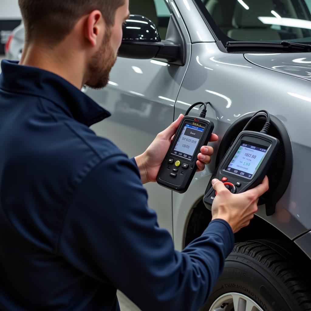 Mechanic Using Diagnostic Scanner on a Car