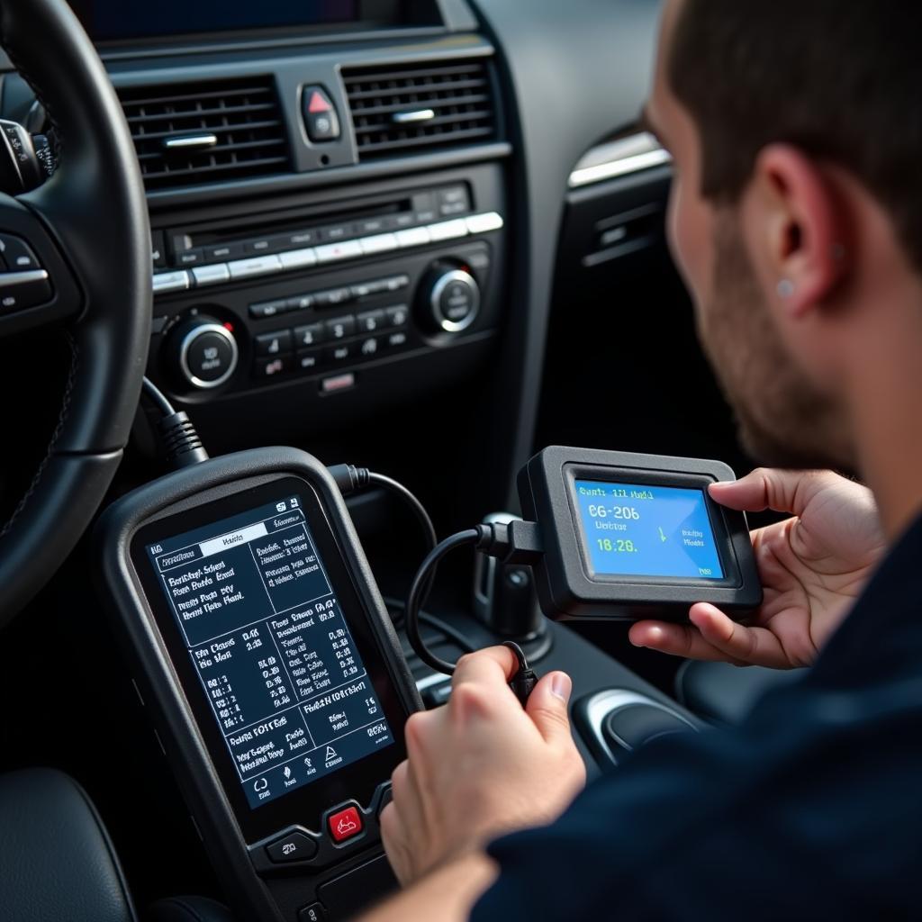 Mechanic Using Diagnostic Tool on BMW