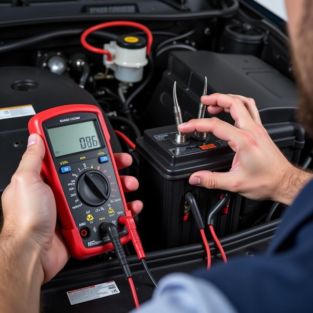 Mechanic using a multimeter to check for battery drain