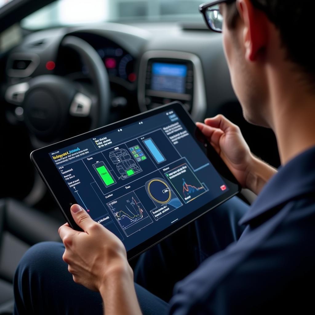 Mechanic Using Remote Diagnostics Tablet
