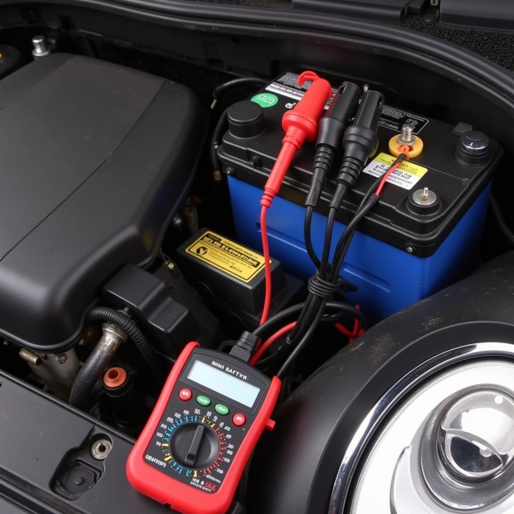 Testing a Mini Cooper's battery with a multimeter