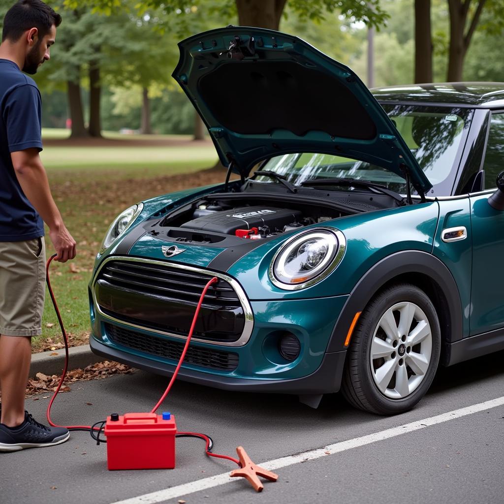 Mini Cooper receiving a jump start due to a dead battery