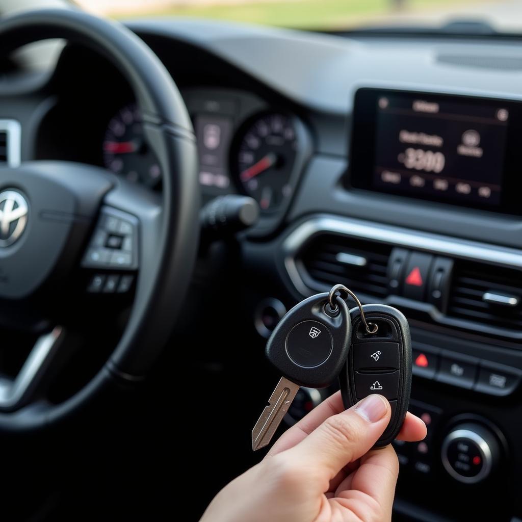 Modern car with anti-theft system - Key fob and car dashboard.