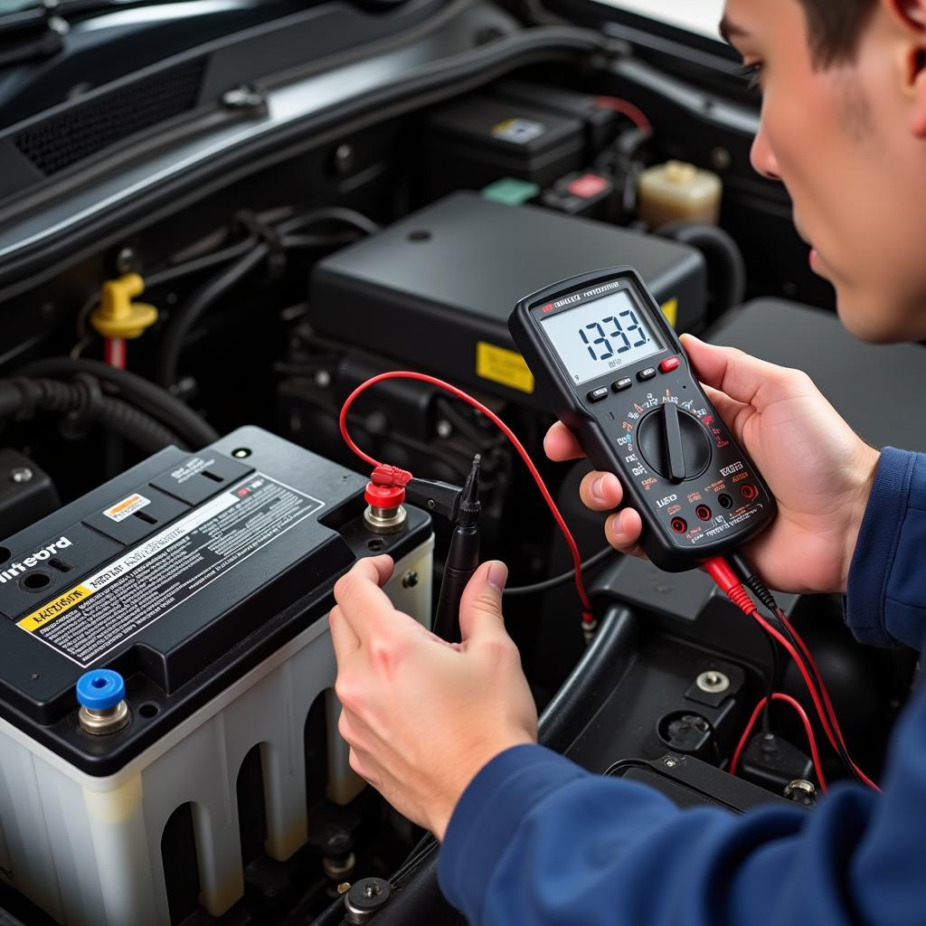 Multimeter Testing Car Battery for Parasitic Draw