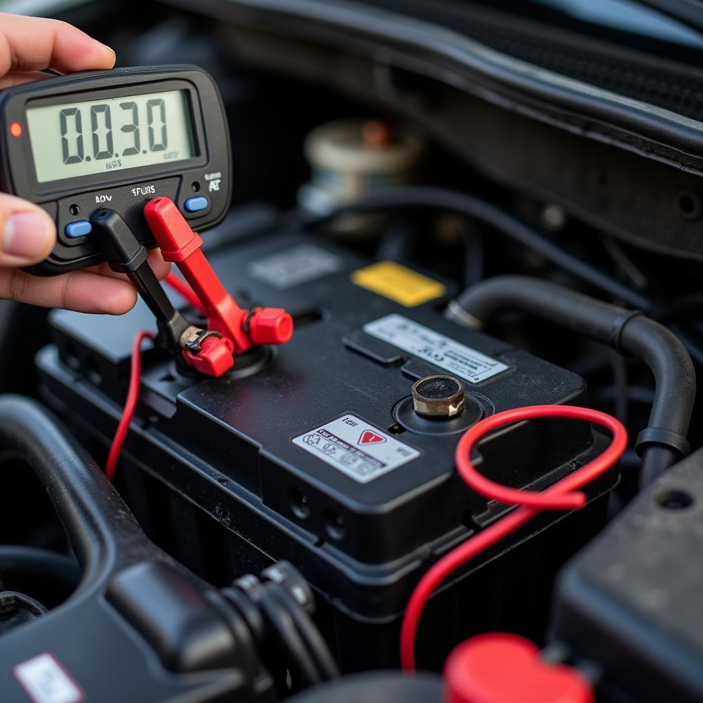 New car battery draining fast: a close-up of a multimeter attached to a car battery, showing a low voltage reading.