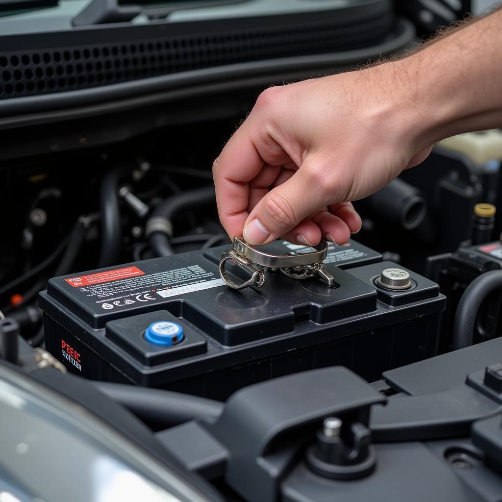 Installing a new car battery.