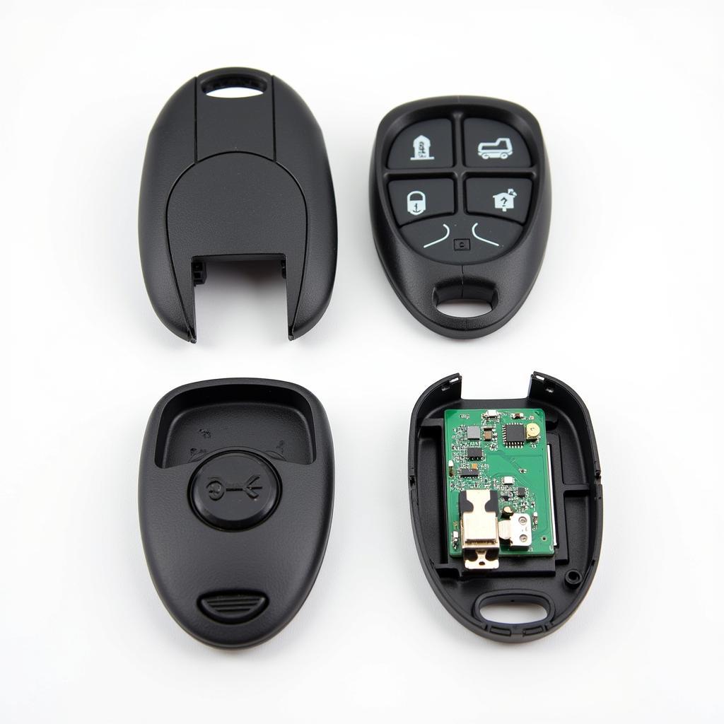 The internal components of a Nissan key fob after being carefully separated.