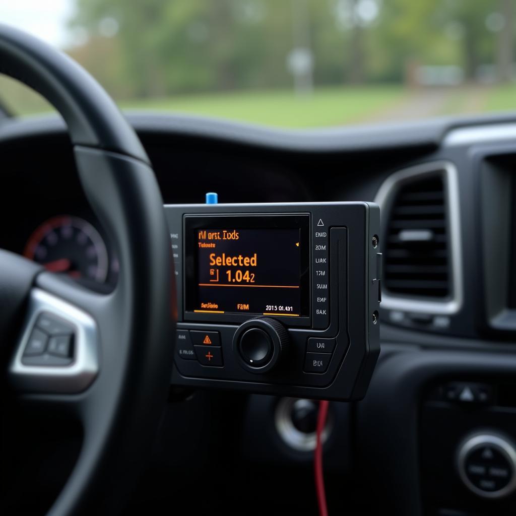 Nulaxy FM transmitter display showing the selected FM frequency.