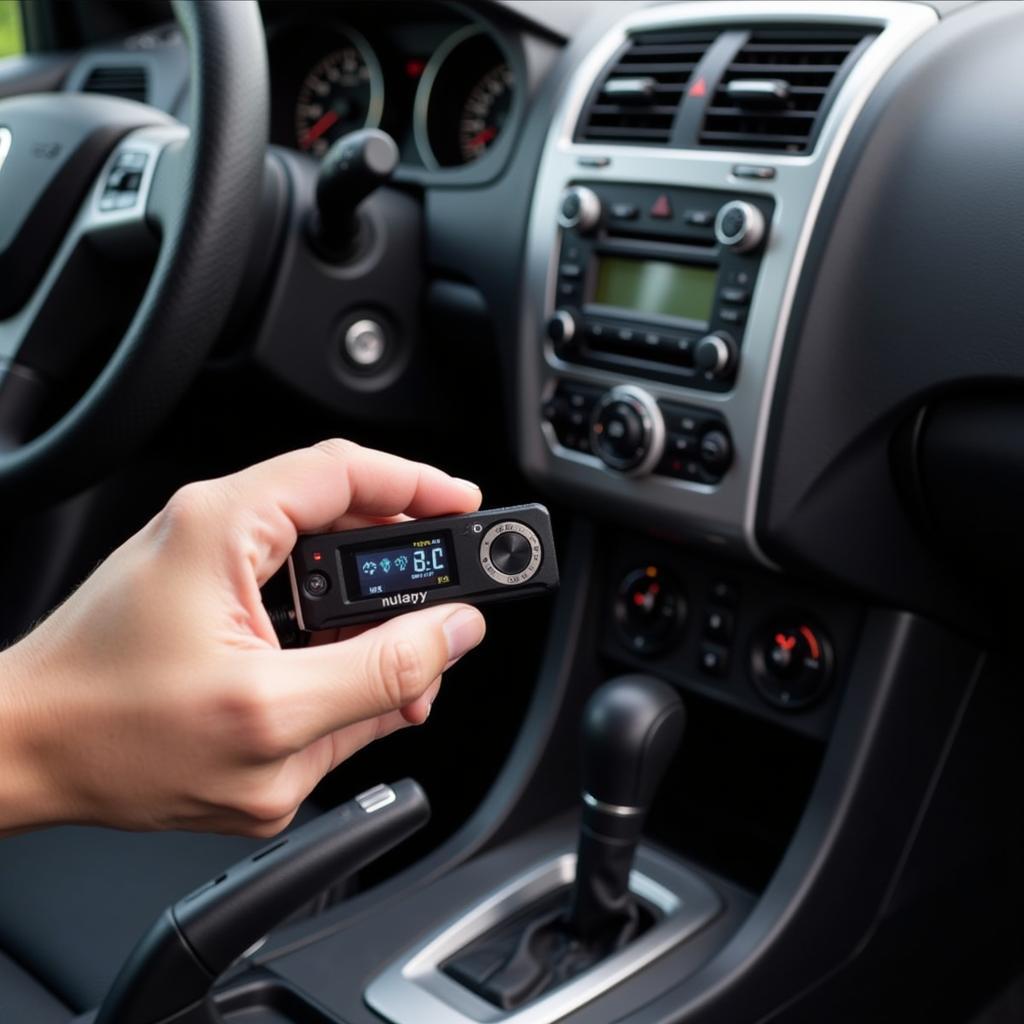 A person troubleshooting the Nulaxy FM transmitter by checking the connections and adjusting the frequency.