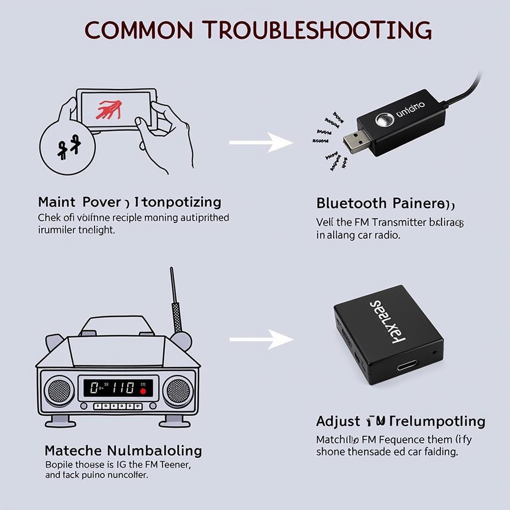 Troubleshooting steps for Nulaxy FM transmitter connection and sound quality issues.