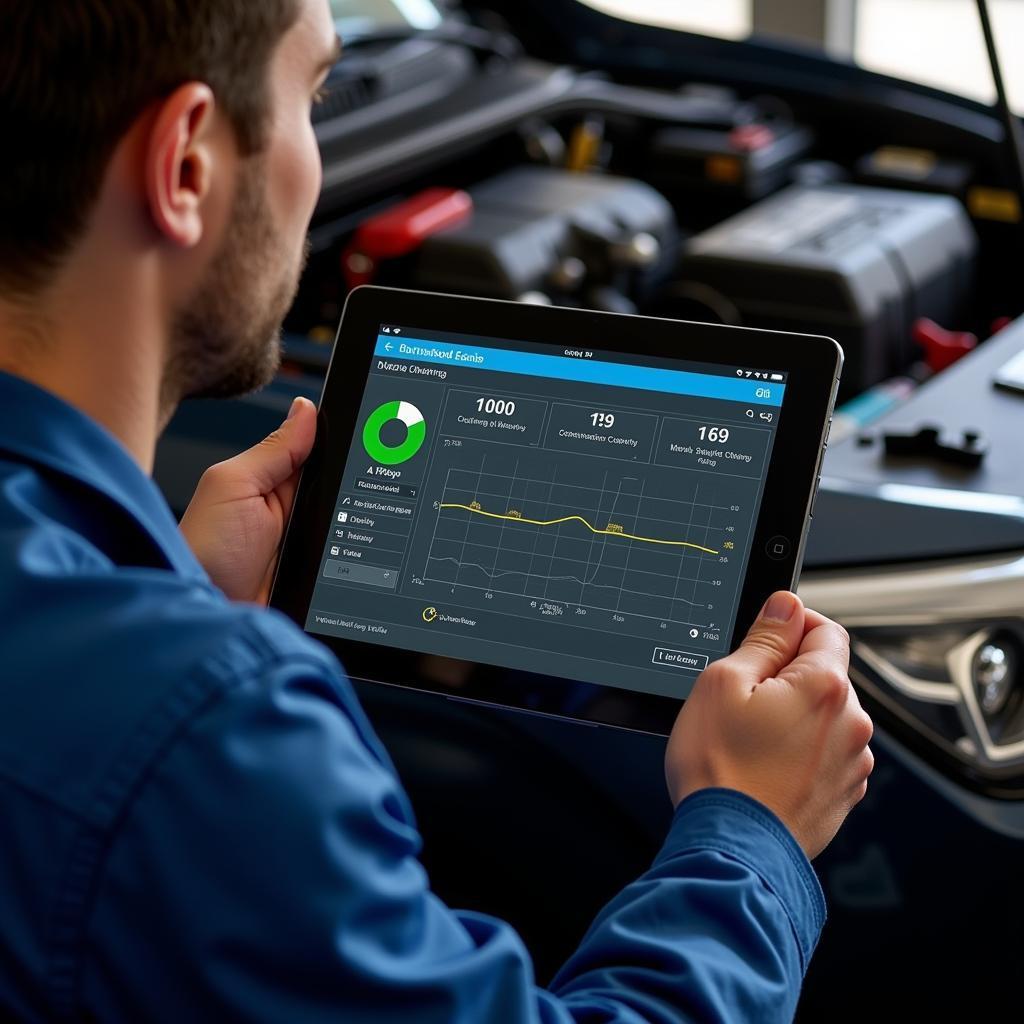 Mechanic Using Remote Diagnostics to Check Car Battery