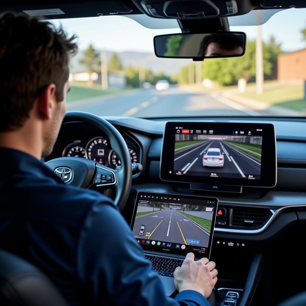 Technician Performing a Remote Software Update on a Vehicle's Active Driving Display