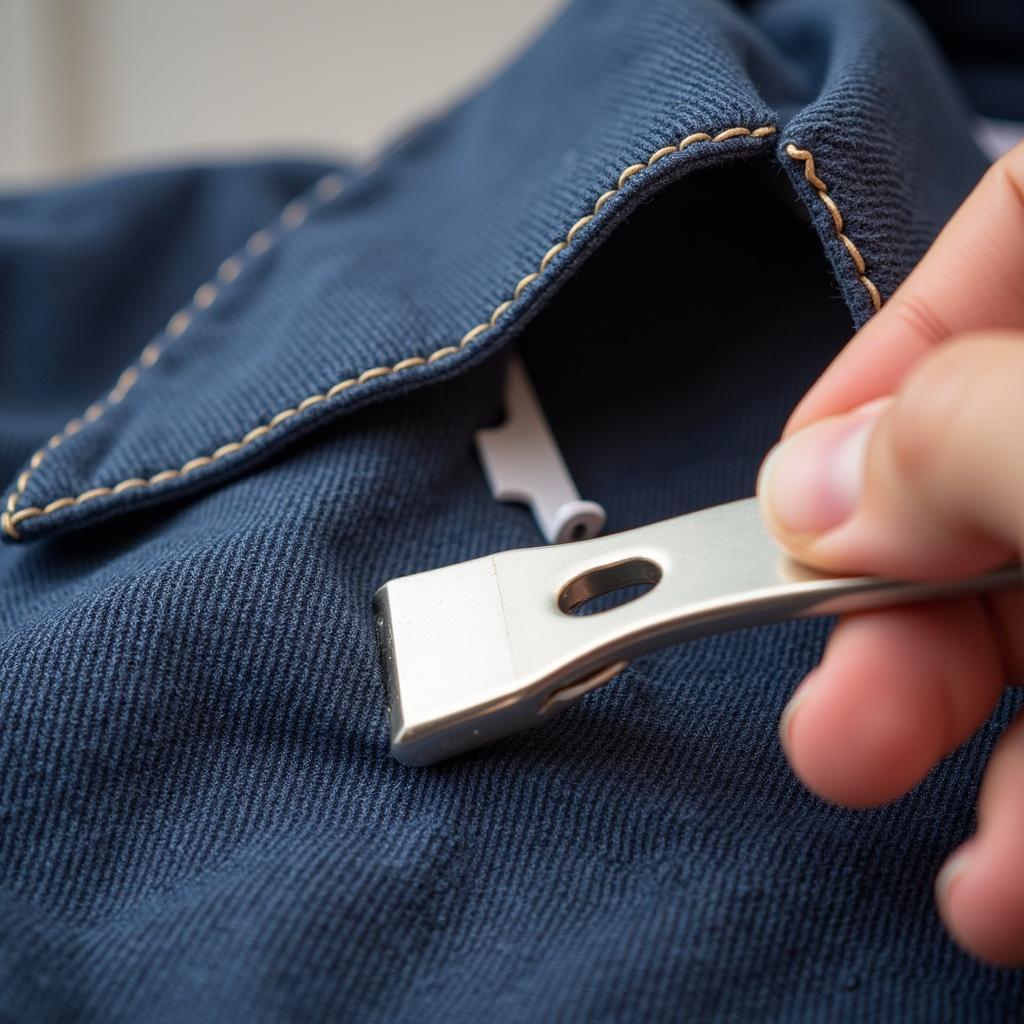 Removing an anti-theft device from clothing using a detacher.