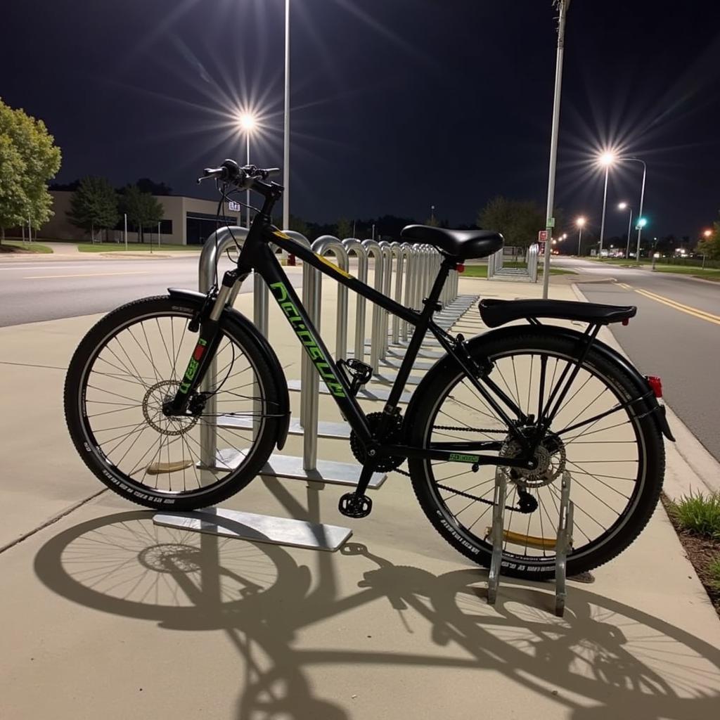 A bike securely parked with multiple locks in a well-lit area