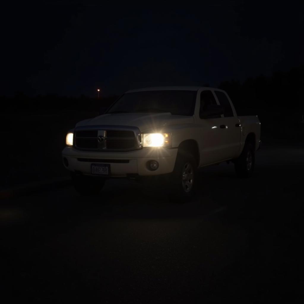 Dim headlights of a car at night, indicating a possible bad battery.