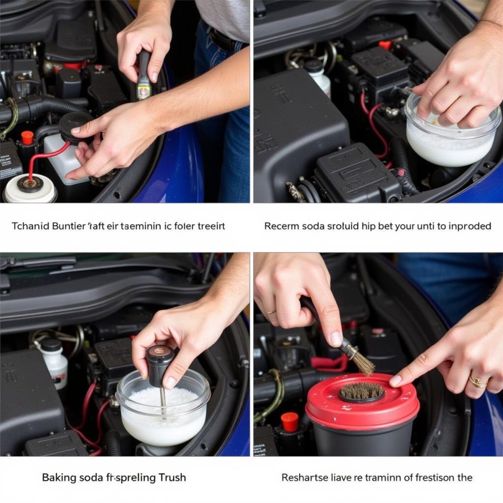 Cleaning Tata Tiago Battery Terminals - Demonstrating the proper technique to clean corroded battery terminals using a wire brush and baking soda solution.