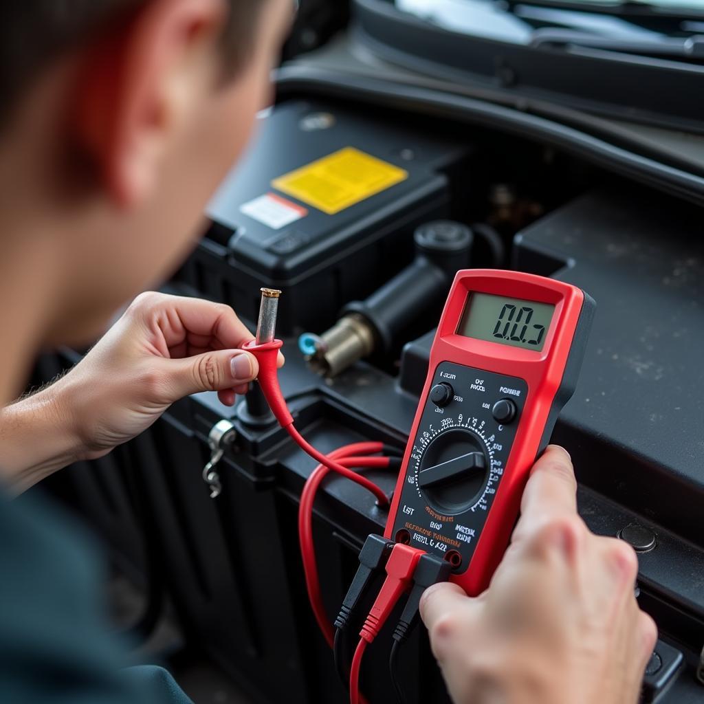 A person uses a multimeter to check the voltage of a car battery to diagnose why the engine won't crank.