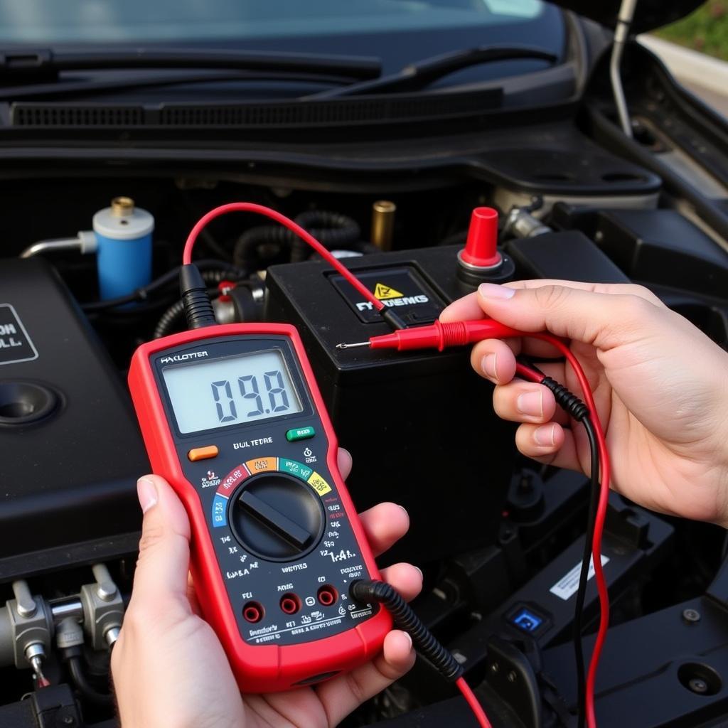 Testing a car battery's voltage with a multimeter to diagnose charging problems.