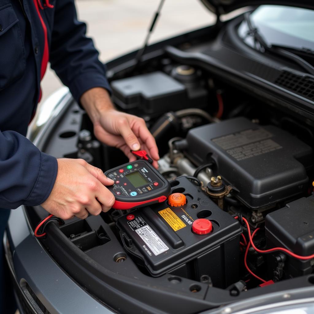 Testing a car battery with a multimeter - A mechanic uses a multimeter to check the voltage of a car battery.