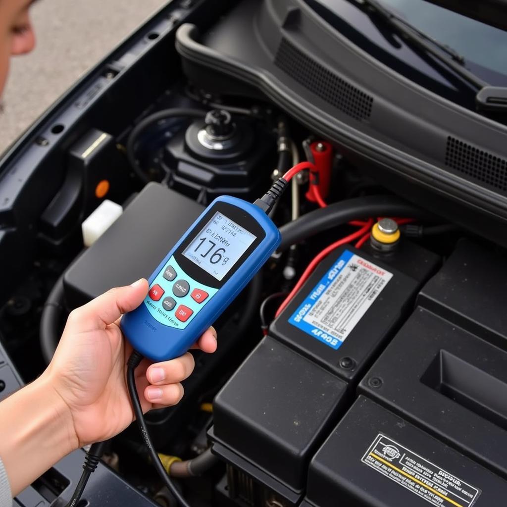 Using a battery tester on a car battery