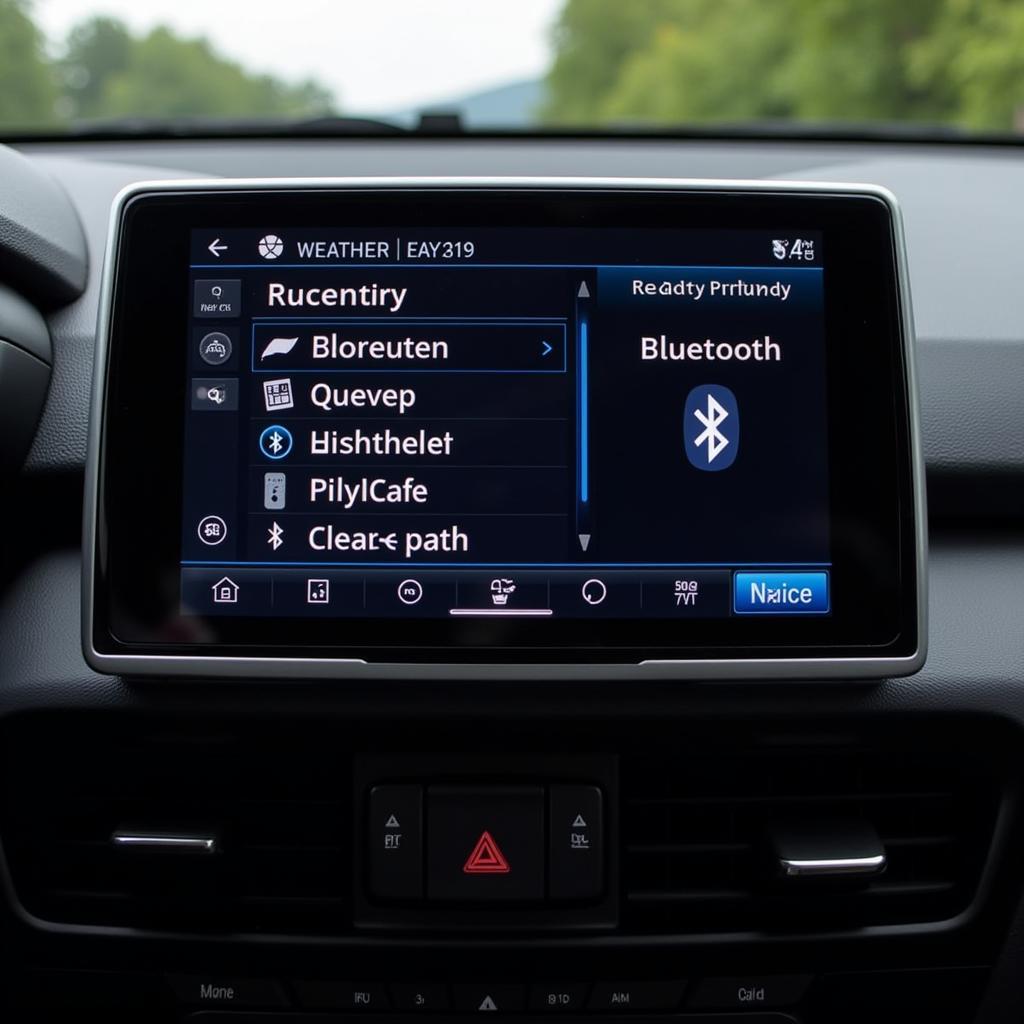 Car radio with weather band and Bluetooth pairing options displayed on the screen