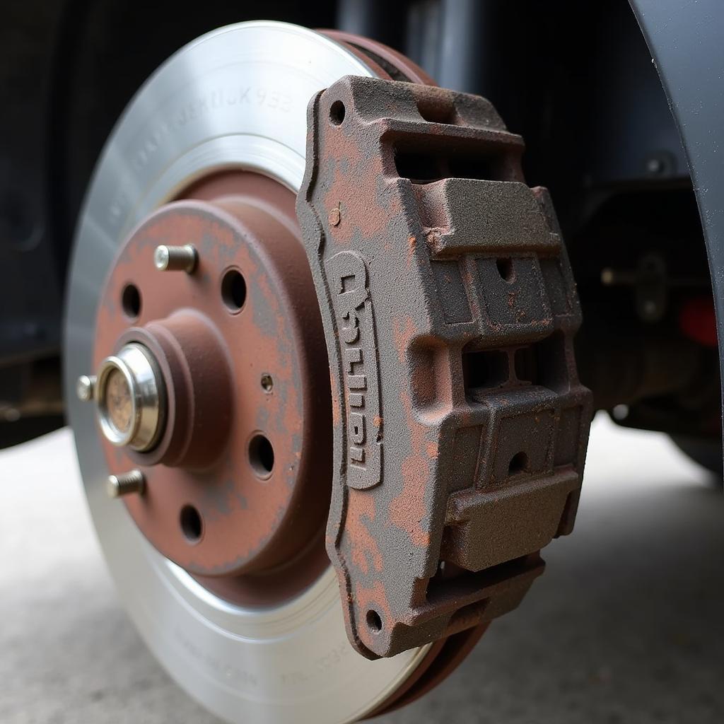 Worn brake pads on a Ford Transit van showing significant wear and tear, indicating the need for replacement.