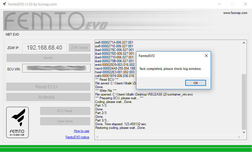 Successful Activation Confirmation in FemtoEVO