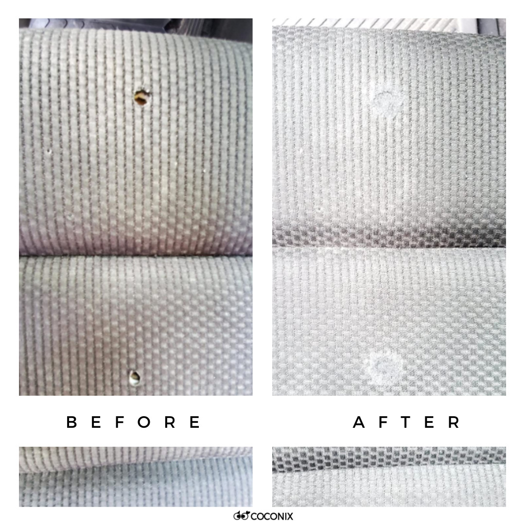 Before and after DIY car interior fabric repair showcasing successful scratch and scuff removal.