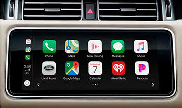 Range Rover Sport infotainment screen displaying Apple CarPlay and Android Auto interface after activation.