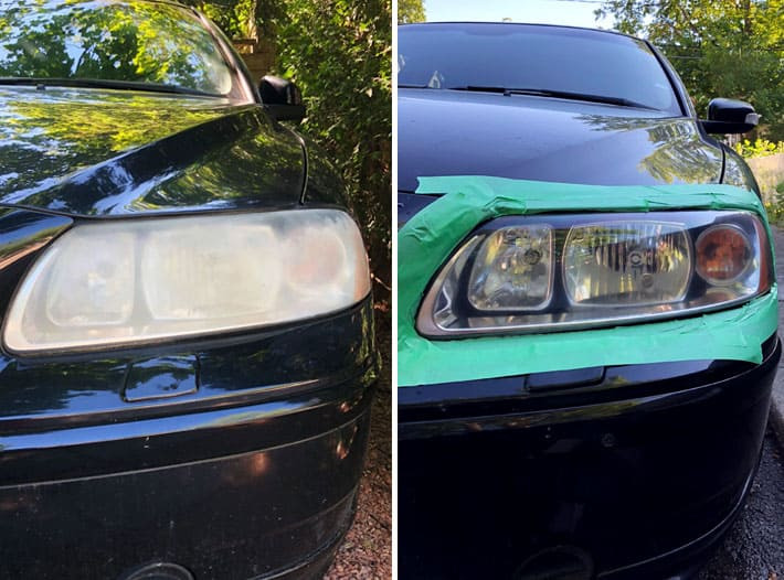 Side by side comparison of a cloudy headlight versus a clear headlight after restoration.