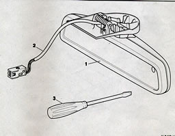 Page 1 of the instruction manual for a 1998 Mercedes C230 rearview mirror replacement, illustrating initial removal steps