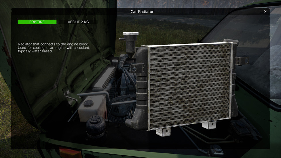 A damaged car radiator in DayZ, demonstrating the need for repair or replacement to prevent engine overheating