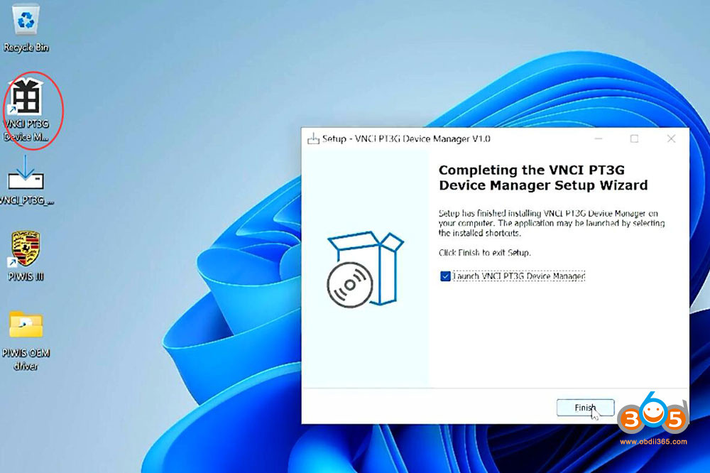 Installation step 5 showing the final installation completion screen, indicating successful setup of VNCI PT3G Device Manager.