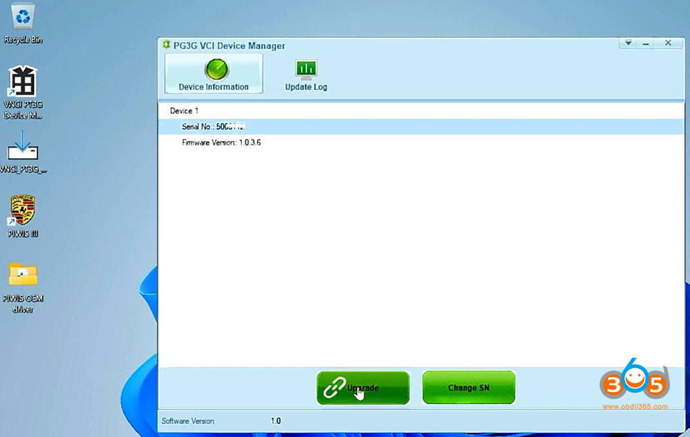 VNCI PT3G Device Manager interface showing device information such as serial number and firmware version after connection.