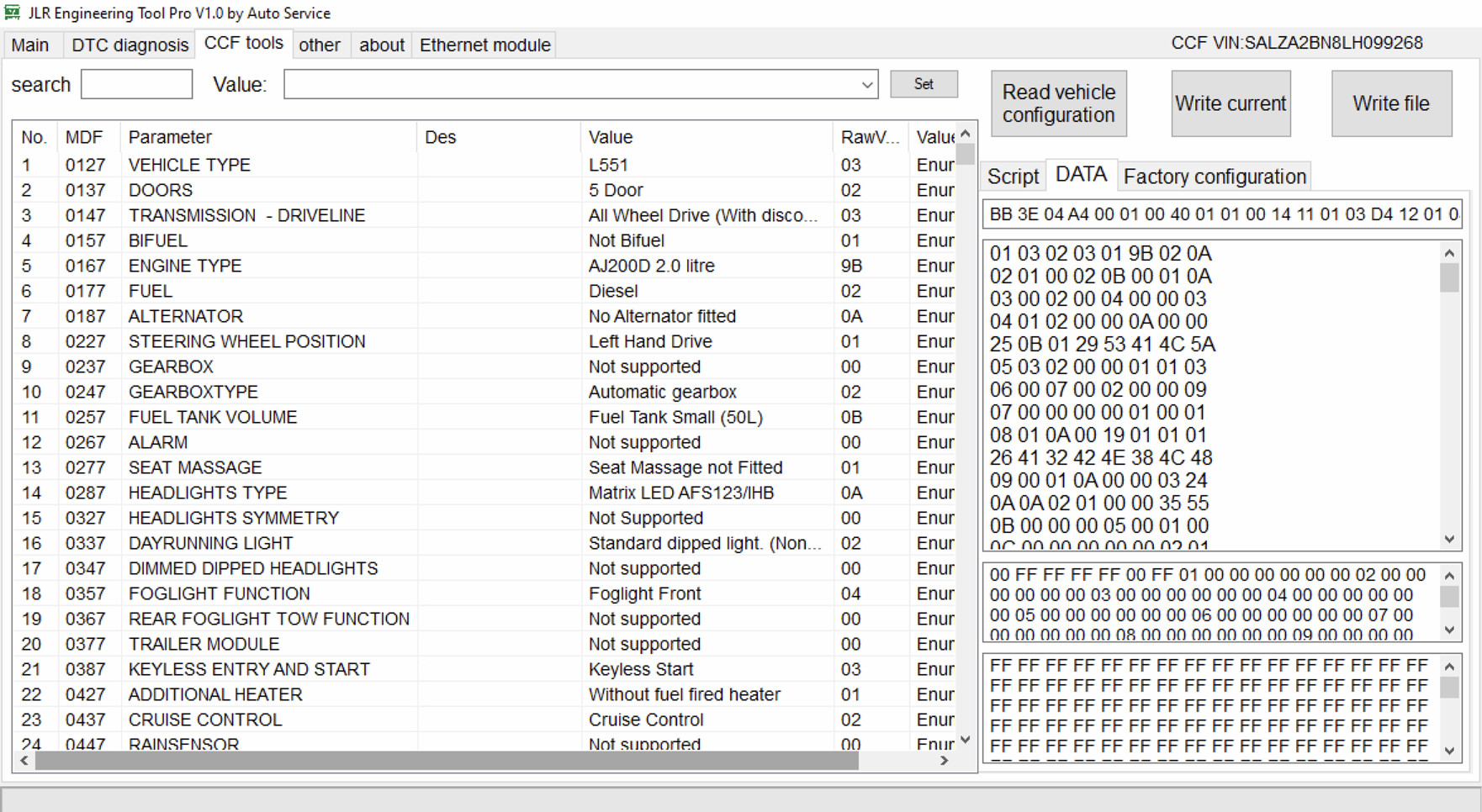 Screenshot of the JET Pro JLR Engineering Tool software interface highlighting coding and diagnostic options