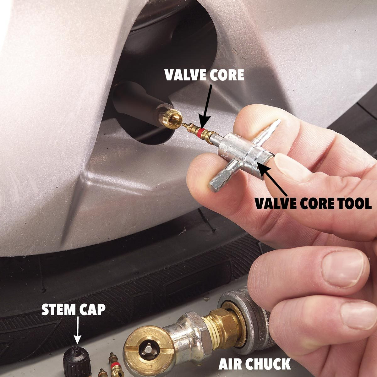 Valve core tool showing multiple functions for tire valve maintenance