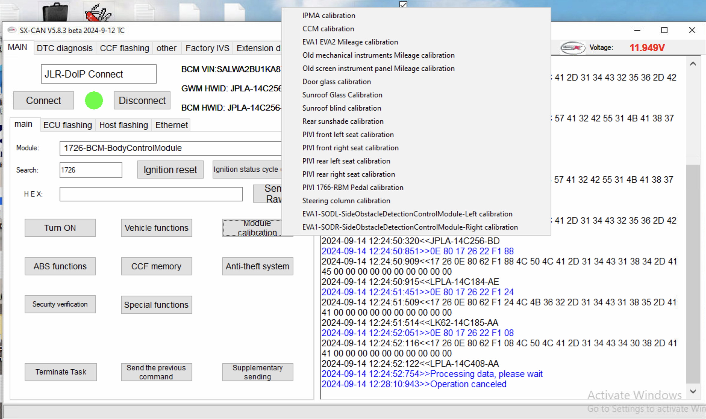 SX-CAN ECU Module Calibration Screen