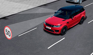 Range Rover Sport Traffic Sign Recognition and Driver Drowsy Monitor System displaying a speed limit sign on the instrument cluster.