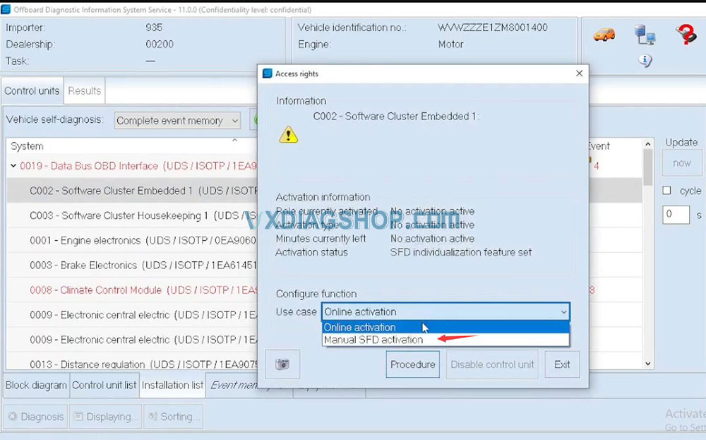 Selecting Manual SFD Activation in ODIS