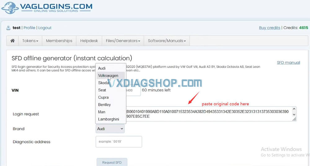 Entering VIN and SFD Code on Vaglogins for Token Generation