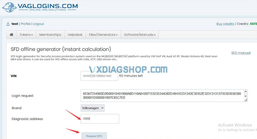 Selecting Brand and Diagnostic Address on Vaglogins