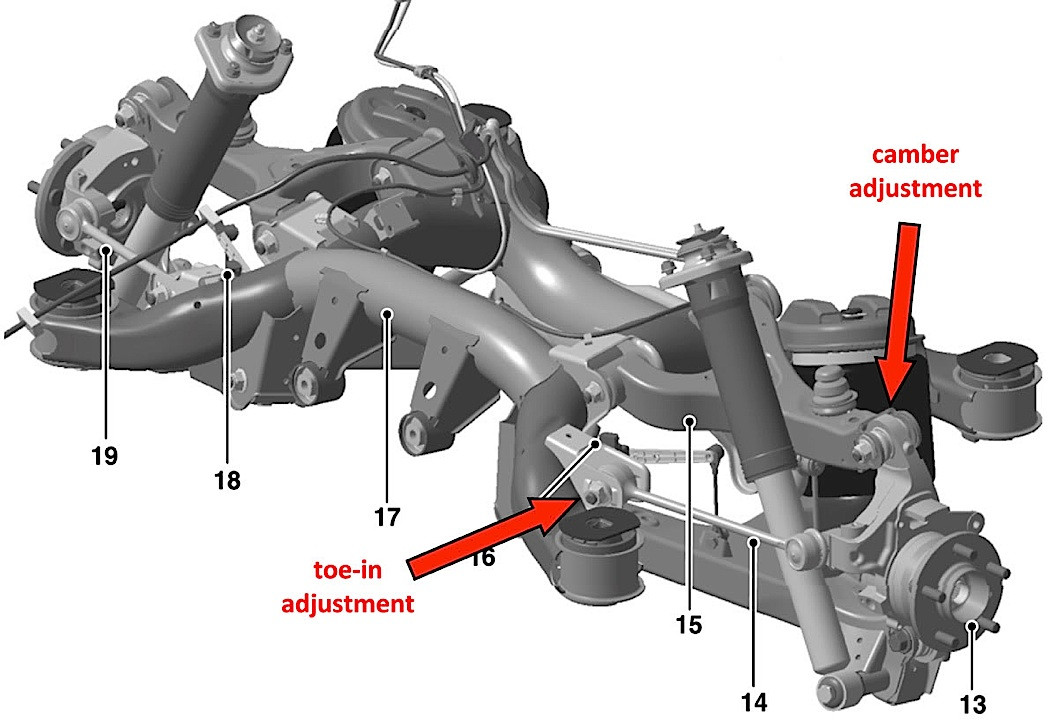 Adjusting rear camber and toe using eccentric bolts