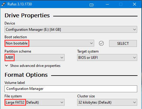 Rufus settings for formatting USB to FAT32 for BMW map update