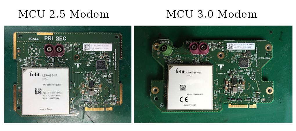 Tesla Modems Comparison: MCU 2.5 vs MCU 3.0 showing compatibility and design differences